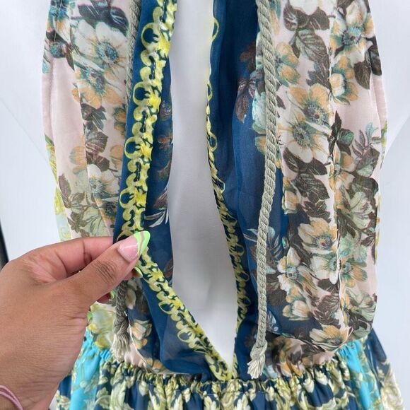 Aratta Silent Journey Boho Floral Halter Maxi Dress Lace Hem Large Goddess Style - Picture 10 of 16